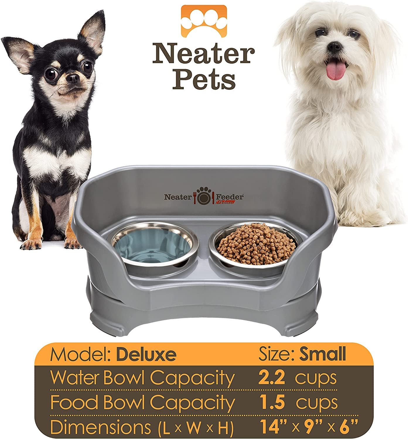 Neater Feeder Deluxe for Small Dogs - Mess Proof Pet Feeder with Stainless Steel Food & Water Bowls - Drip Proof, Non-Tip, and Non-Slip - Gunmetal Grey