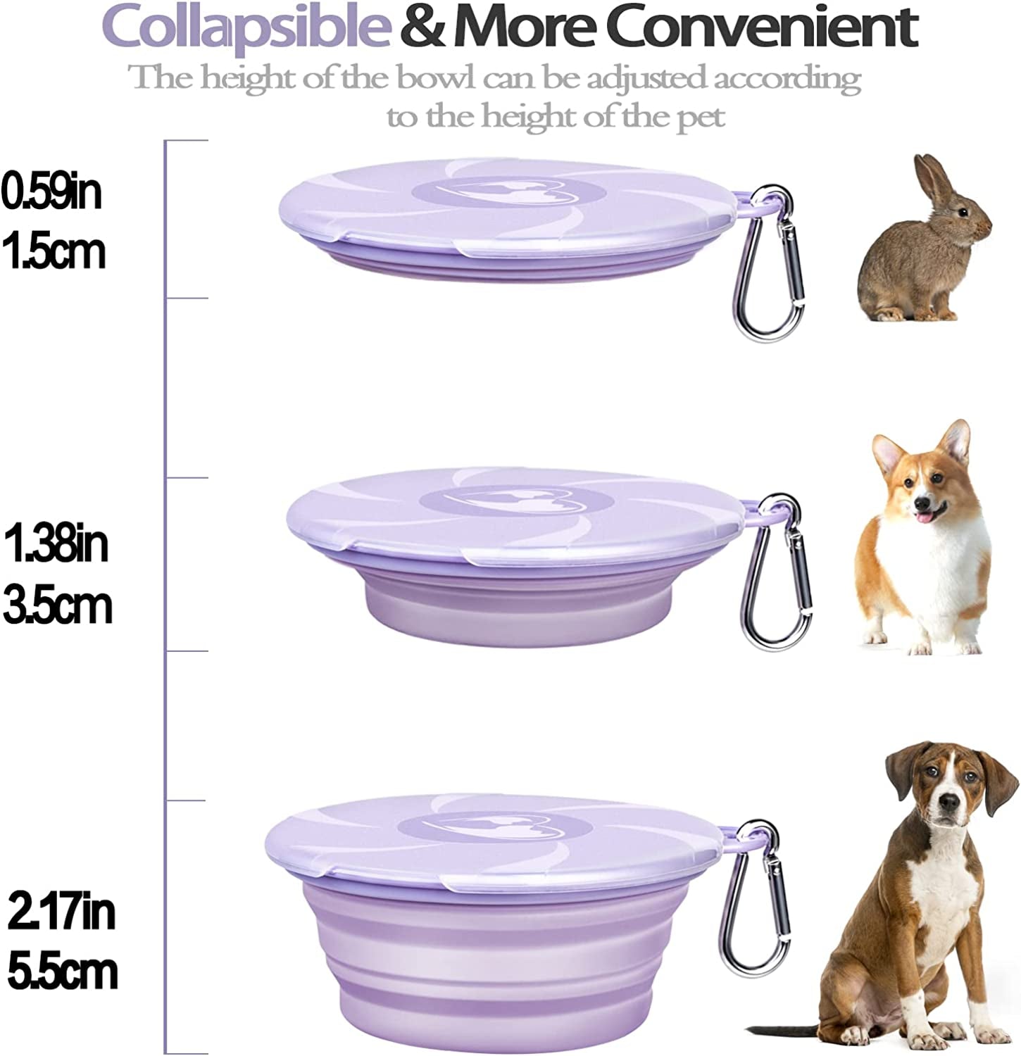 Collapsible Dog Bowls - Portable Travel Dog Bowls with Lids & Carabiners, 1 Pack Silicone Feeding Watering Purple Pet Bowls for Dogs Cats, 450Ml/15Oz Collapsable Doggy Bowl for Walking Hiking Camping