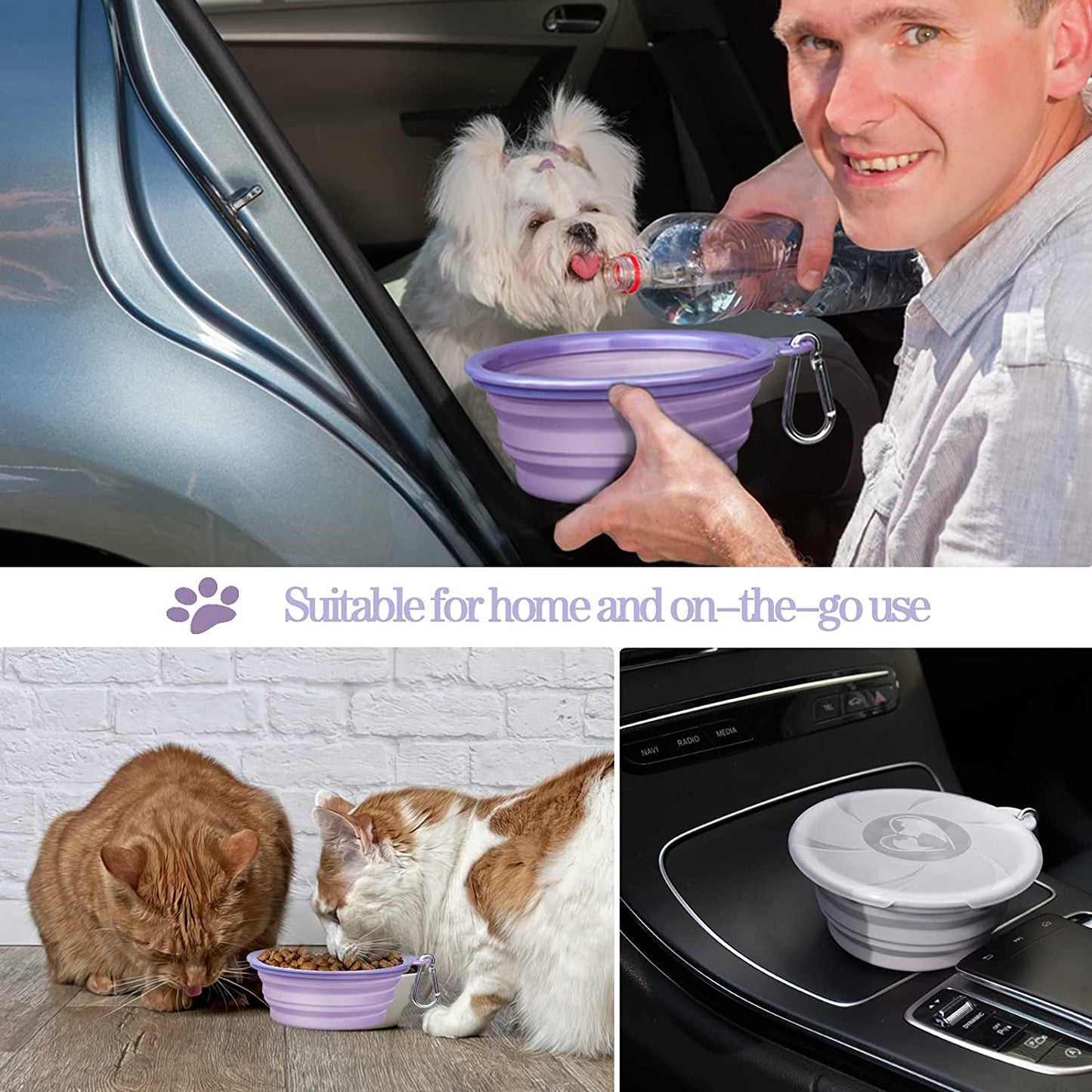 Collapsible Dog Bowls - Portable Travel Dog Bowls with Lids & Carabiners, 1 Pack Silicone Feeding Watering Purple Pet Bowls for Dogs Cats, 450Ml/15Oz Collapsable Doggy Bowl for Walking Hiking Camping