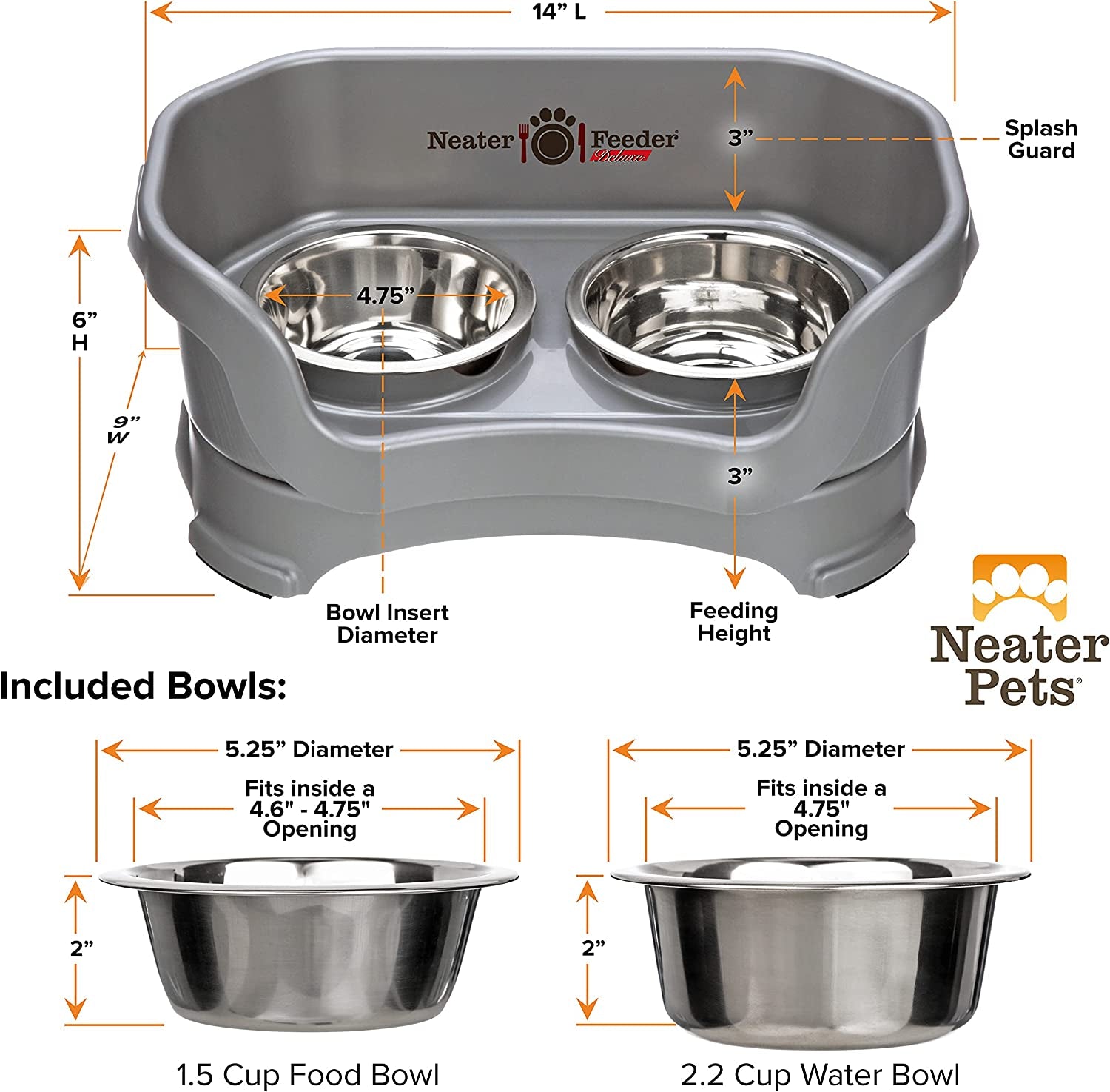 Neater Feeder Deluxe for Small Dogs - Mess Proof Pet Feeder with Stainless Steel Food & Water Bowls - Drip Proof, Non-Tip, and Non-Slip - Gunmetal Grey